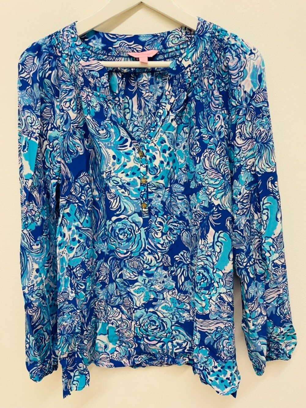 Lilly Pulitzer Elsa Blouse Shirt Top Silk Royal Purple Cat Call Blue Roses L
